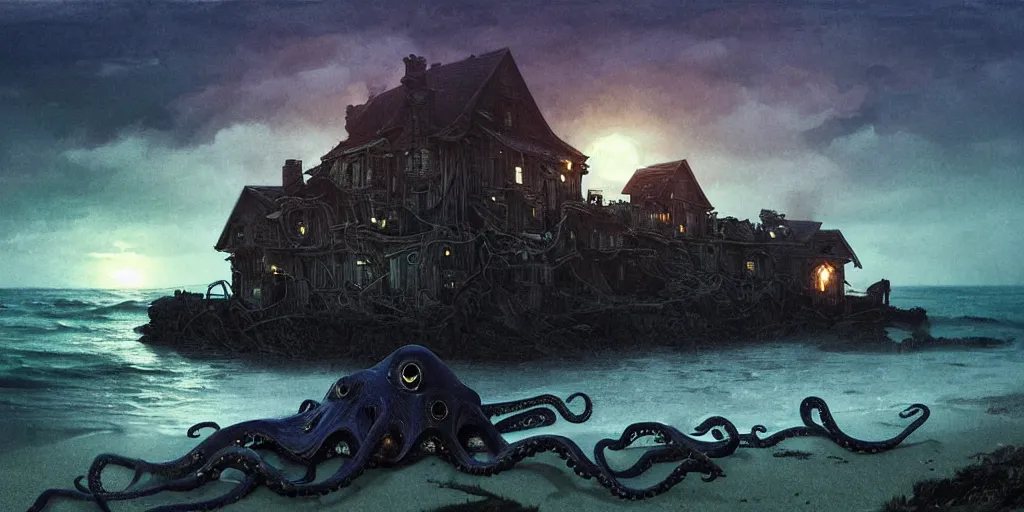 Prompt: landscape view on an decaying fishing village at night, a humanoid octopus creature emerging from the ocean, night colors, high - key lighting, beautiful composition, intricate, gradient from green to black, pro photography by, highly detailed, digital painting, art by artgerm and greg rutkowski and alphonse mucha, smooth, sharp focus illustration