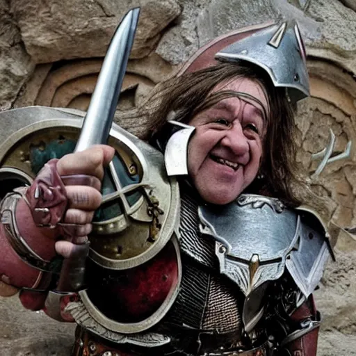 Image similar to last selfie taken by, a tolkien dwarf, resembling Danny Devito wearing metal Armour that is smiling, in combat, apocalyptic, smoldering ruins