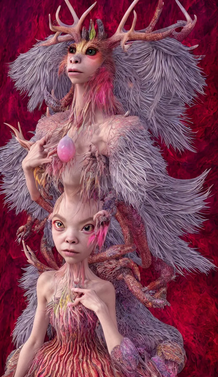 Image similar to hyper detailed 3d render like a Oil painting - kawaii full body portrait Aurora (a beautiful skeksis queen from dark crystal that looks like Anya Taylor-Joy with hooves and antlers) seen red carpet photoshoot in UVIVF posing in scaly dress to Eat of the Strangling network of yellowcake aerochrome and milky Fruit and His delicate Hands hold of gossamer polyp blossoms bring iridescent fungal flowers whose spores black the foolish stars by Jacek Yerka, Ilya Kuvshinov, Mariusz Lewandowski, Houdini algorithmic generative render, Abstract brush strokes, Masterpiece, Edward Hopper and James Gilleard, Zdzislaw Beksinski, Mark Ryden, Wolfgang Lettl, hints of Yayoi Kasuma, octane render, 8k