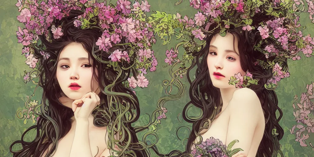 Image similar to a portrait of a very seductive young woman, hair full of gigantic flowers and tentacles, photoillustration, realistic, closeup, facing the camera, dramatic lighting, in the style of WLOP and Alphonse Mucha and Kim Deuk-sin
