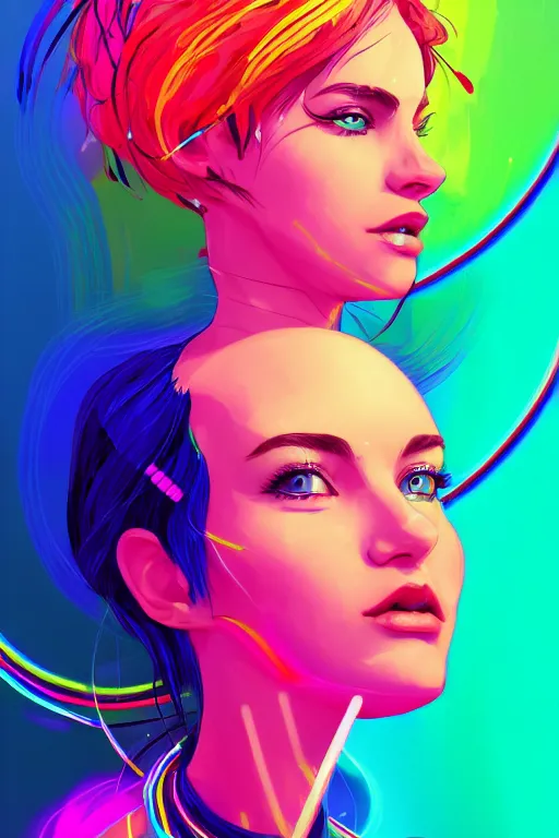 Image similar to a award winning portrait of a beautiful woman with stunning eyes in a one off shoulder croptop and cargo pants with rainbow colored hair, outlined by whirling illuminated neon lines and fine lines swirling in circles by ilya kuvshinov, digital art, trending on artstation