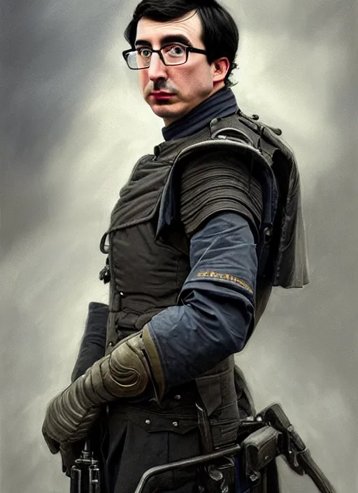 Image similar to painting of both john oliver and adam driver together, john oliver, stoic, full body, military uniform, fantasy, intricate, elegant, beautiful, highly detailed, charcoal, centered, dark, smokey, digital painting, concept art, smooth, sharp focus, illustration, art by artgerm, art by greg rutkowski, art by alphonse mucha