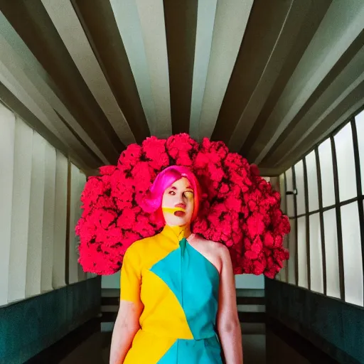 Image similar to giant flower head, frontal, girl standing in mid century hotel, surreal, symmetry, bright colors, cinematic, wes anderson