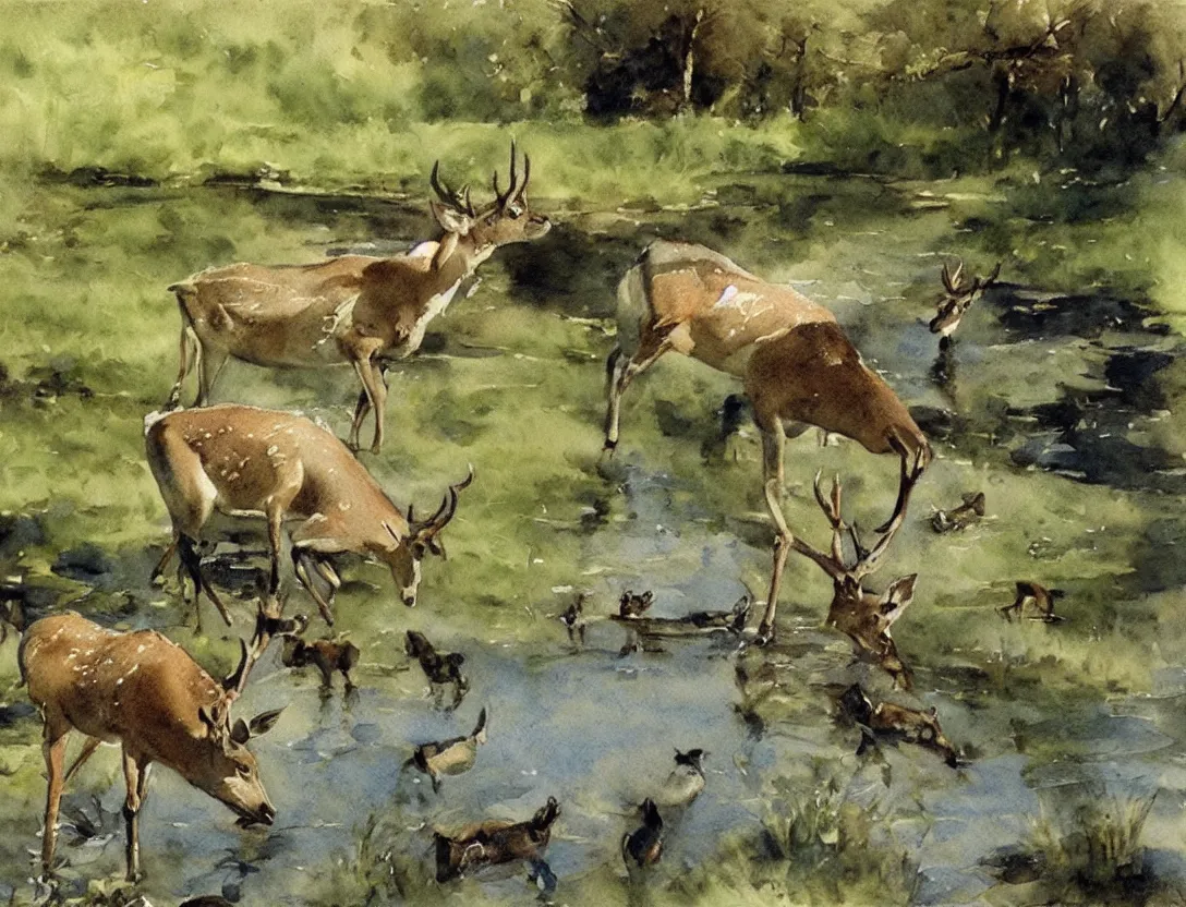 Prompt: watercolor by anders zorn, deer drinking water by pond, realistic nature art