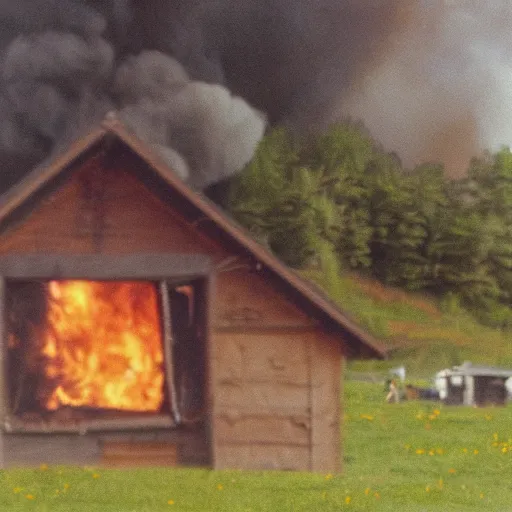 Image similar to vhs 1 9 8 0 s footage of a scene from the movie midsommar, center of screen a - line shaped wooden cabin on fire center of screen, field of flowers