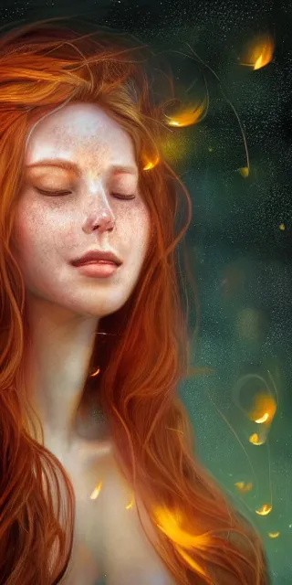 Prompt: infp young woman, smiling amazed, golden fireflies lights, sitting in the midst of nature fully covered, long loose red hair, intricate linework, green eyes, small nose with freckles, oval shape face, realistic, expressive emotions, dramatic lights mystical scene, hyper realistic ultrafine art by michael cheval, jessica rossier, boris vallejo, artgerm