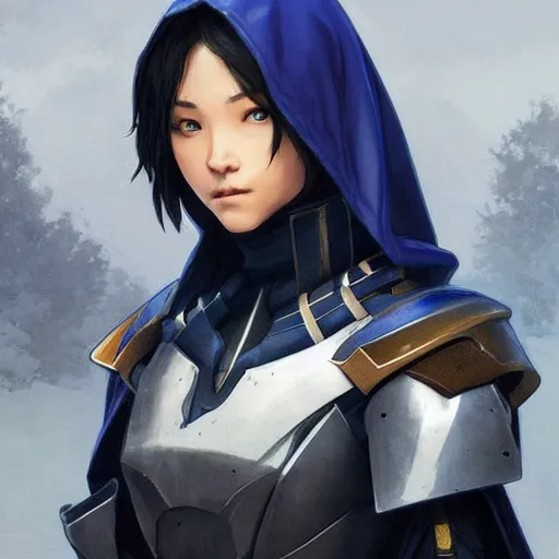 Prompt: cassandra cain in destiny hunter armor, blue armor, wearing a hooded cloak, beautiful face!!!!, 2 7 years old, cg animation, realistic, character select portrait, by artgerm, greg rutkowski, alphonse mucha, 3 d