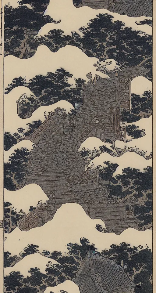 Prompt: hokusai : : steps leading up to a temple : : japanese style : : black ink