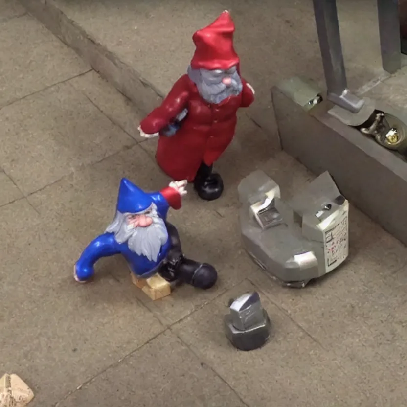 Prompt: cctv footage of a live gnome stealing a socket