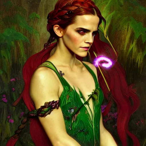 Prompt: a stunning tarot card of emma watson as poison ivy with hair tied in a braid and wearing a seductive red and green dress, dark eyeliner, purple and green fire, intricate, elegant, highly detailed, digital painting, artstation, concept art, sharp focus, illustration, art by greg rutkowski and alphonse mucha