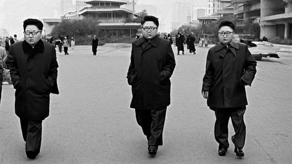 Image similar to kim jong - il walking in 1 9 6 0 s pyongyang, film noir thriller in the style of orson welles and andrei tarkovski