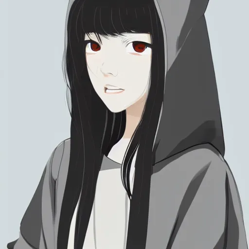 Prompt: portrait of a beautiful korean girl with very long hair and bangs, angular features, angry expression, wearing a black hoodie, in the style of studio trigger, extremely clean lines, anime and manga style, anime concept art