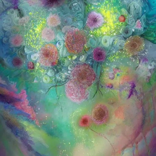 Image similar to This illustration is a large canvas, covered in a wash of color. In the center is a cluster of flowers, their petals curling and twisting in on themselves. The effect is ethereal and dreamlike, and the overall effect is one of serenity and peace. taupe, Pixar's 'Up' by Jeremy Mann, by Jeff Easley atmospheric, CGI