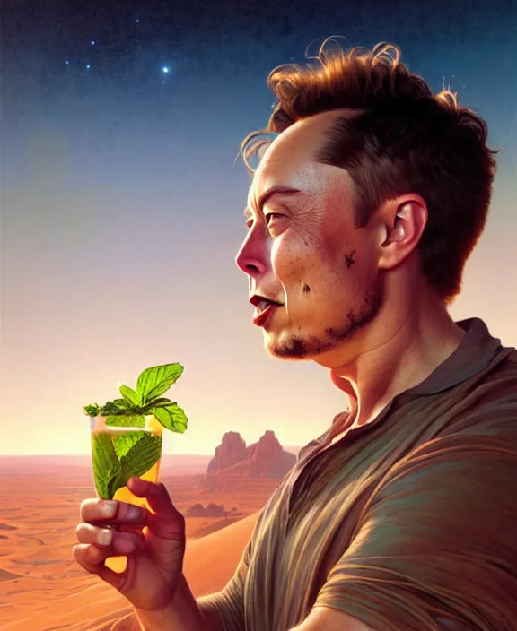 Image similar to elon musk sipping mojito on mars, mottled coloring, adorable, childlike, pastoral environment, ultra realistic, concept art, art nouveau, photorealistic, octane render, 8 k, unreal engine. art by christopher marley and artgerm and greg rutkowski and alphonse mucha