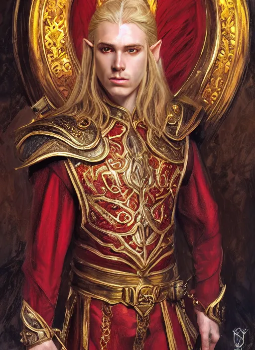 Image similar to a portrait of a noble high elf with long blonde hair, young adult male, wearing red and gold ornate attire, style by donato giancola, wayne reynolds, jeff easley dramatic light, high detail, cinematic lighting, artstation, dungeons and dragons