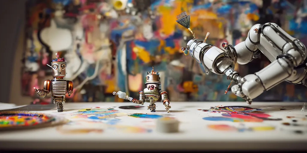 Image similar to closeup portrait of tin toy retro robot painter mixing gouache on white paper table in an artist workshop, depth of field, zeiss lens, detailed, centered, fashion photoshoot, by nicoletta ceccoli, mark ryden, lostfish, breathtaking, 8 k resolution, extremely detailed, beautiful, establishing shot, artistic, hyperrealistic, octane render