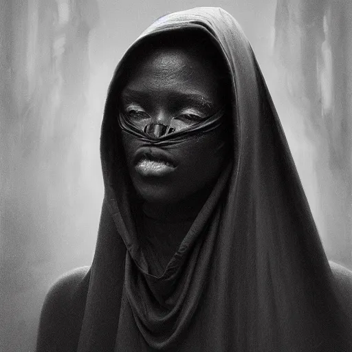 Image similar to a portrait of a young black woman wearing a long dark cloak, hood and shadows covering face, anatomically correct, beautiful perfect face, enigmatic, oil painting, matte painting, black background, Volumetric dynamic lighting, Highly Detailed, Cinematic Lighting, Unreal Engine, 8k, HD, by Beksinski