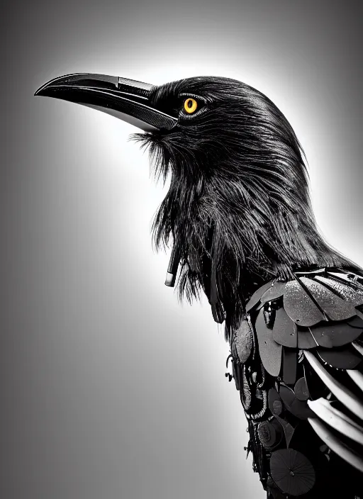 Image similar to a stunning young female crow mixed cyborg profile face, face is made intricate tribal bio - mechanical, editorial photography, bw, shot on 7 0 mm, depth of field, f / 2. 8, high contrast, 1 6 k, volumetric lighting, shiny, insanely detailed and intricate, hypermaximalist, elegant, ornate, hyper realistic, super detailed