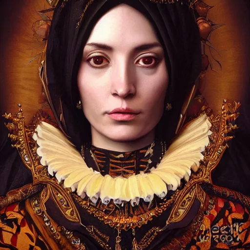 Image similar to portrait, headshot, digital painting, of Mother Ayahuascaa as a 17th century, beautiful female Royal, dark hair, amber jewels, baroque, ornate clothing, scifi, futuristic, realistic, hyperdetailed, chiaroscuro, concept art, art by caravaggio