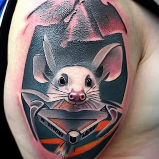 Prompt: tattoo of an opossum flying a plane