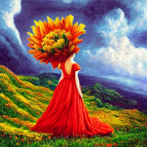 Image similar to giant flower head, frontal, woman standing on mountain, surreal photography, stormy sky, colorful clouds, impressionist painting, digital painting, artstation, rob gonsalves