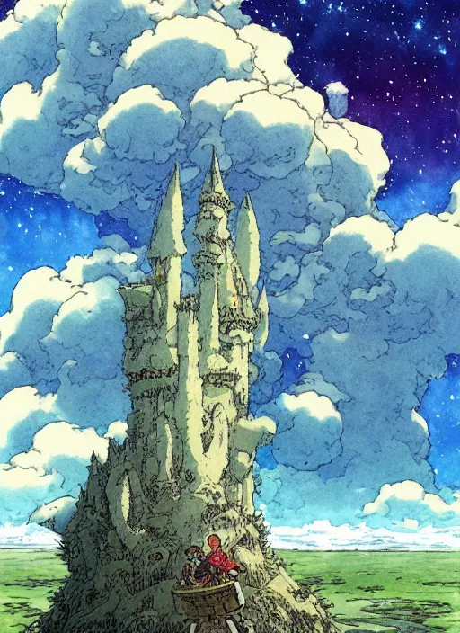 Image similar to hyperrealist studio ghibli watercolor fantasy concept art of a giant king kai from howl's moving castle sitting on stonehenge like a chair. it is a misty starry night. by rebecca guay, michael kaluta, charles vess