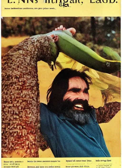 Image similar to vintage l. l bean magazine advertisement depicting charles manson slipping on a banana peel