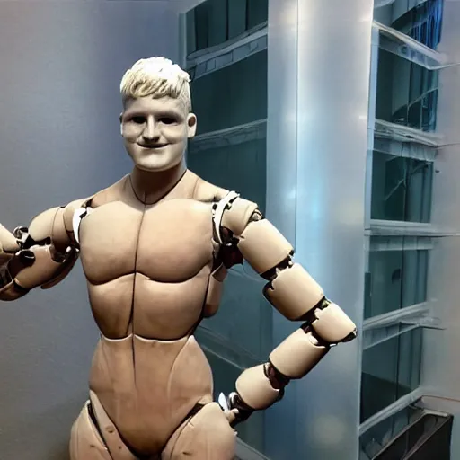 Image similar to a realistic detailed photo of a guy who is an attractive humanoid who is half robot and half humanoid, who is a male android, wrestler bo nickal, shiny skin, posing like a statue, blank stare, by the pool, on display, showing off his muscles, humanoid robot, frozen ice statue