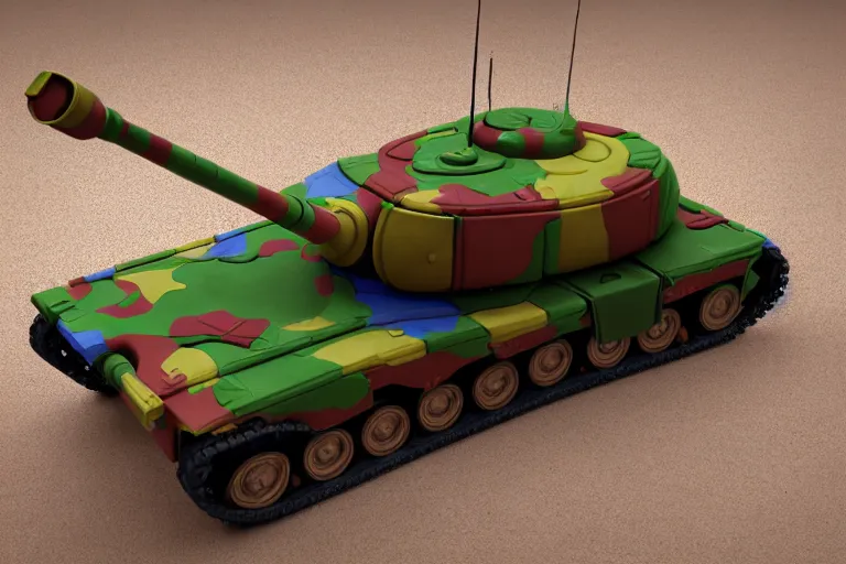 Image similar to product photo of life sized toy military tank made by fisher price, colorful plastic, high quality, intricate detail, realistic textures, octane render, unreal engine 5, hyperrealism