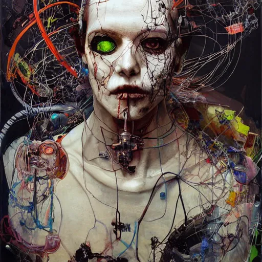 Prompt: a lost male cyberpunk hacker, skulls, wires cybernetic implants, machine noir dieselpunk grimcore, in the style of adrian ghenie esao andrews jenny saville surrealism dark art by james jean takato yamamoto and by ashley wood