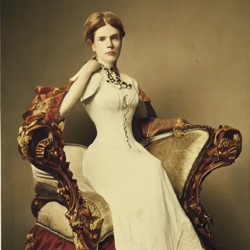 Prompt: elegant woman with victorian clothes posing with a deadly gaze on her throne, fantasy,