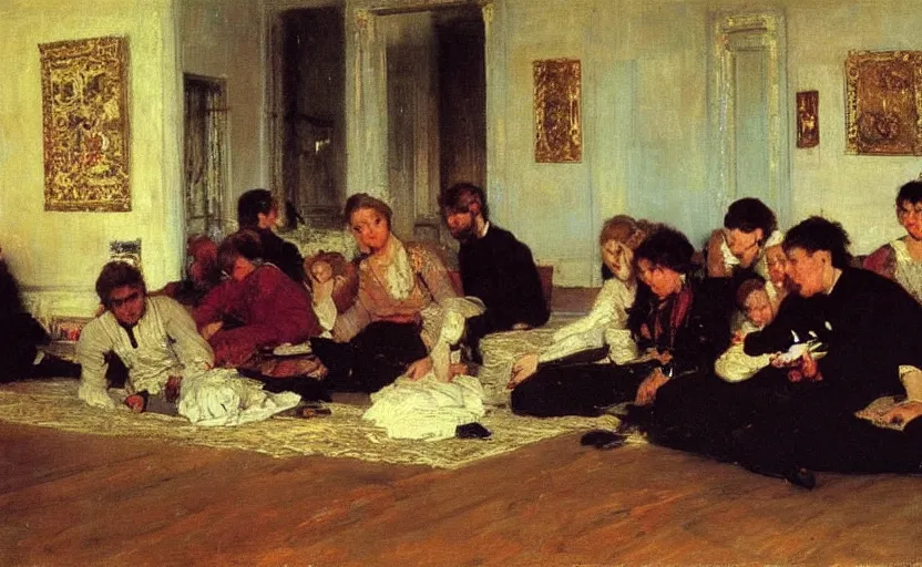 Prompt: high quality high detail painting by ilya repin, people sitting on the floor around the room, hd