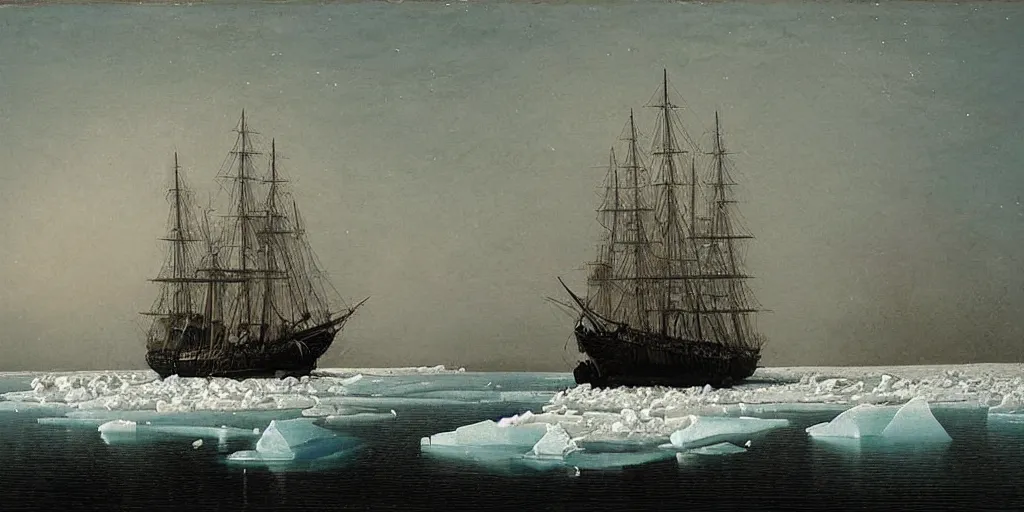 Image similar to “ a single 1 8 0 0 s sail ship is stuck in solid white sea ice, completely frozen sea, no water visible, the uneven and irregular frozen sea is jagged and maze - like, towering ice ridges and seracs, nighttime, stars visible, romanticist oil painting ”