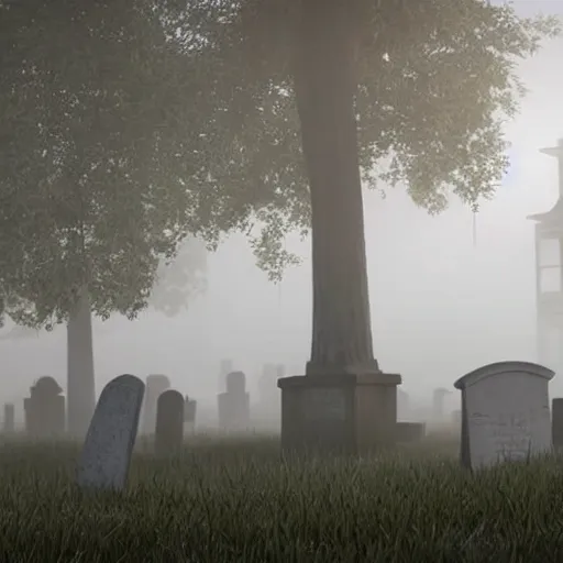 Image similar to still shot of a grave yard covered in morning fog, highly detailed, photorealistic portrait, bright studio setting, studio lighting, crisp quality and light reflections, unreal engine 5 quality render