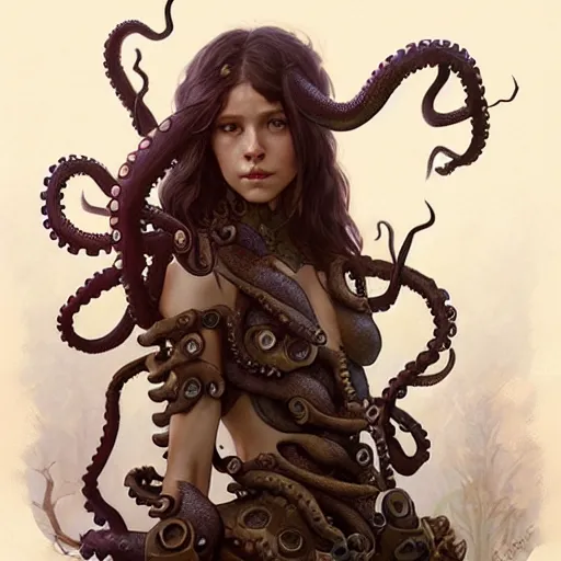 Image similar to photo of a humanoid octopus hybrid were a heroic dress an armour in the forest, long hair, highly detailed, digital painting, artstation, smooth, sharp focus, illustration, art by artgerm and greg rutkowski and alphonse mucha