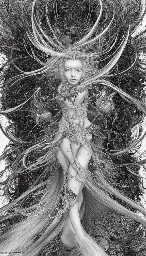 Prompt: ornate, intricate, beautiful, hair, angel, fractal patterns, ethereal, flowing hair, cinematic by tsutomu nihei by emil melmoth, gustave dore, craig mullins, yoji shinkawa, luis royo, skulls, artstation, pete morbacher, hyper detailed, high detail, artstation, rendering by octane, unreal engine, cinematic, ghost, clouds