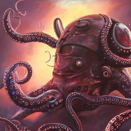 Image similar to steve harvey head on a cyborg octopus, conquering earth, epic battle scene, 8 k, sci - fi fantasy painting, highly detailed, digital painting, trending on artnet