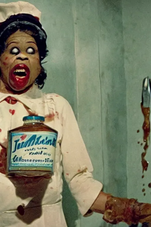 Image similar to aunt jemima covered in maple syrup horror movie cinematic