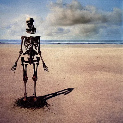 Image similar to a skeleton standing on a beach next to the ocean, a surrealist painting by Storm Thorgerson, featured on cg society, nuclear art, surrealist, apocalypse landscape, chillwave