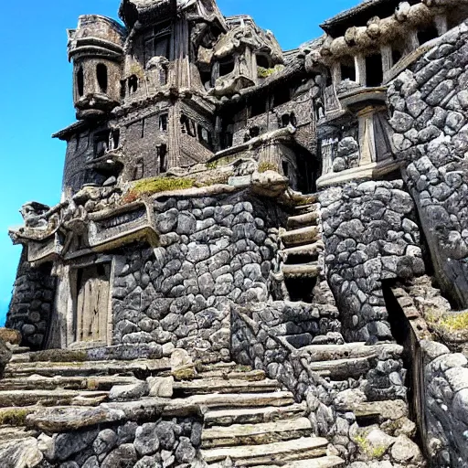 Image similar to stone fortress made by dwarves, carved into mountainside, abandoned, bright, intricate carvings, architectural