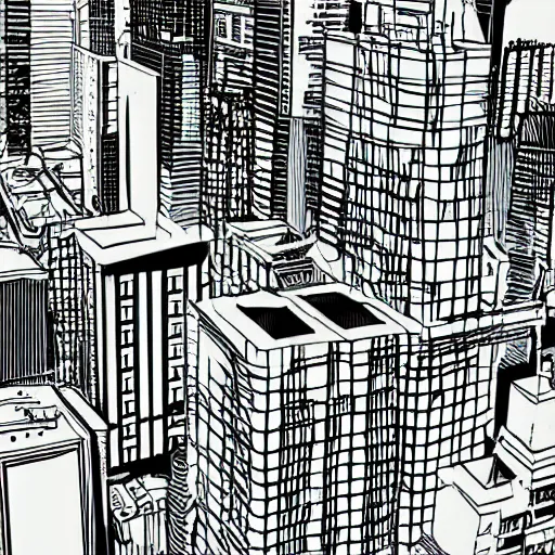 Image similar to decrepit brutalist cityscape vector line art in the style of “ geoff darrow ” black and white 1 6 : 1