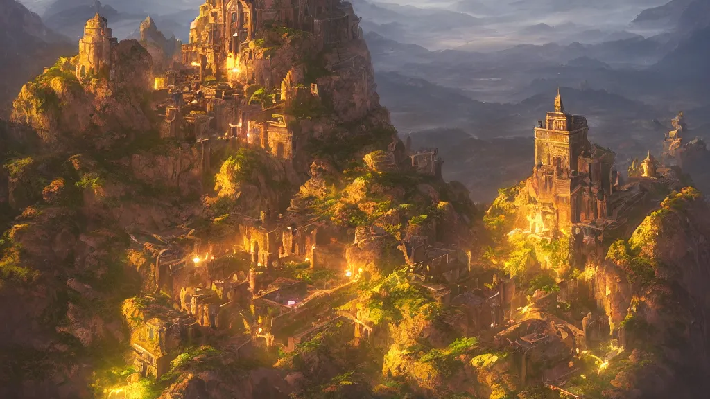 Image similar to ancient mystical citadel on top of a mountain, golden glow illuminating the building, by sylvain sarrailh, rossdraws, ambient light, ultra detailed, fantasy artwork, 8 k, volumetric lighting, trending on artstation, award winning, very beautiful.