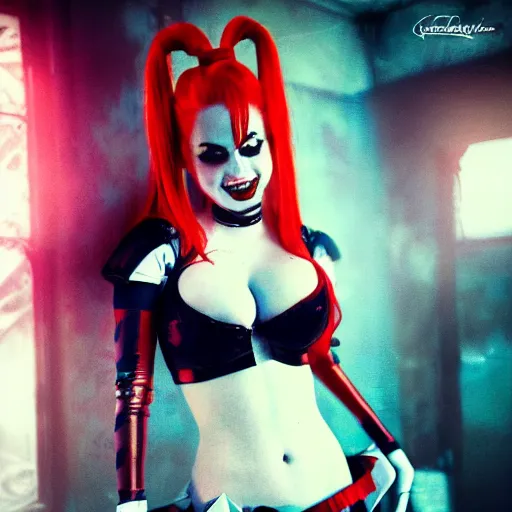 Image similar to detailed photograph of avril lavigne as harley quinn with stockings, 8 k, by greg rutkowski, artgerm, global illumination