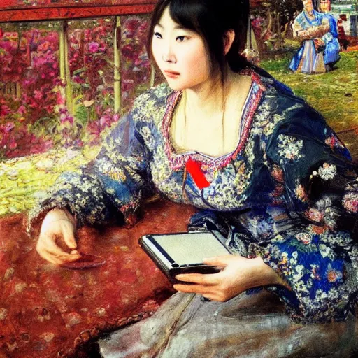 Image similar to portrait of asian beautiful woman watching smartphone masterpiece painting by vasnetsov and surikov, JEAN-VICTOR BERTIN, by Terence Cuneo, detailed, artfully traced, 4k resolution, cinematic