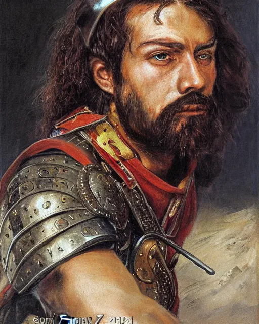 Image similar to portrait of a spanish conquistador in battle, by daniel zrom, facial features, handsome