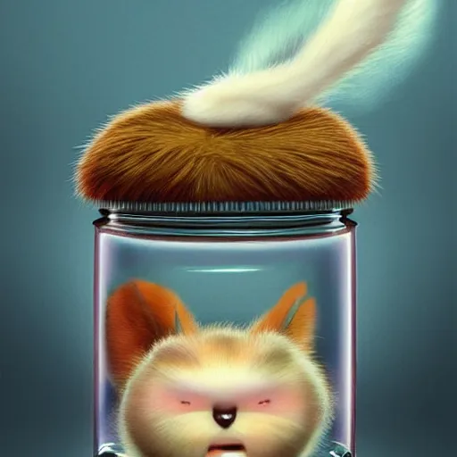 Image similar to cutie fluffy creature with big eyes in a jar, digital art, 3 d, octave render, masterpiece, mega detailed, pixar, disney, vivid illustration, cartoon, fantasy, by george stubbs, artgerm, in the style of ghibli kazuo oga, pastel fur