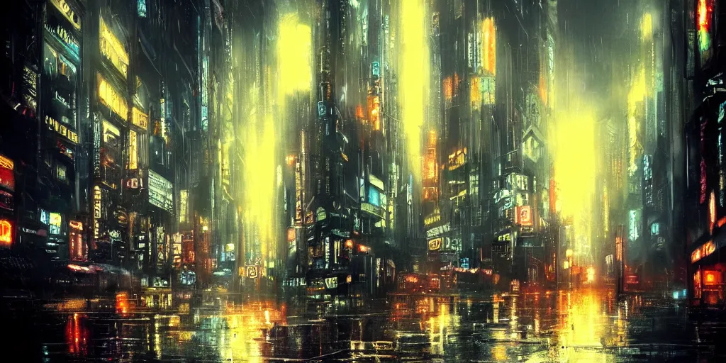 Prompt: beautiful matte fantasy science fiction painting blade runner cyberpunk city on a rainy night
