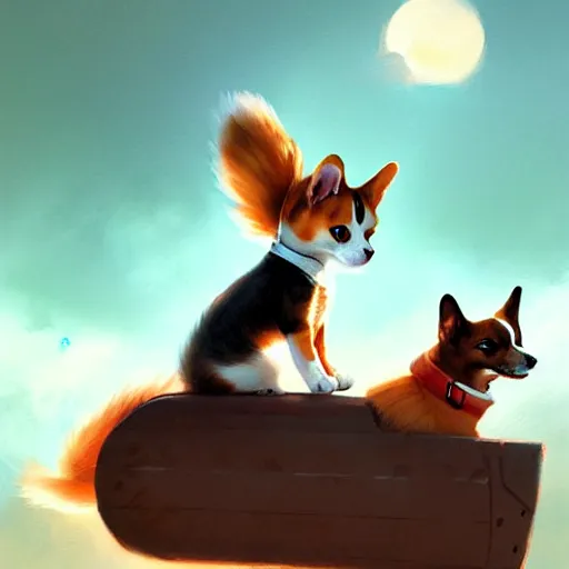 Image similar to tiny cat girl riding on the back of a giant corgi by greg rutkowski