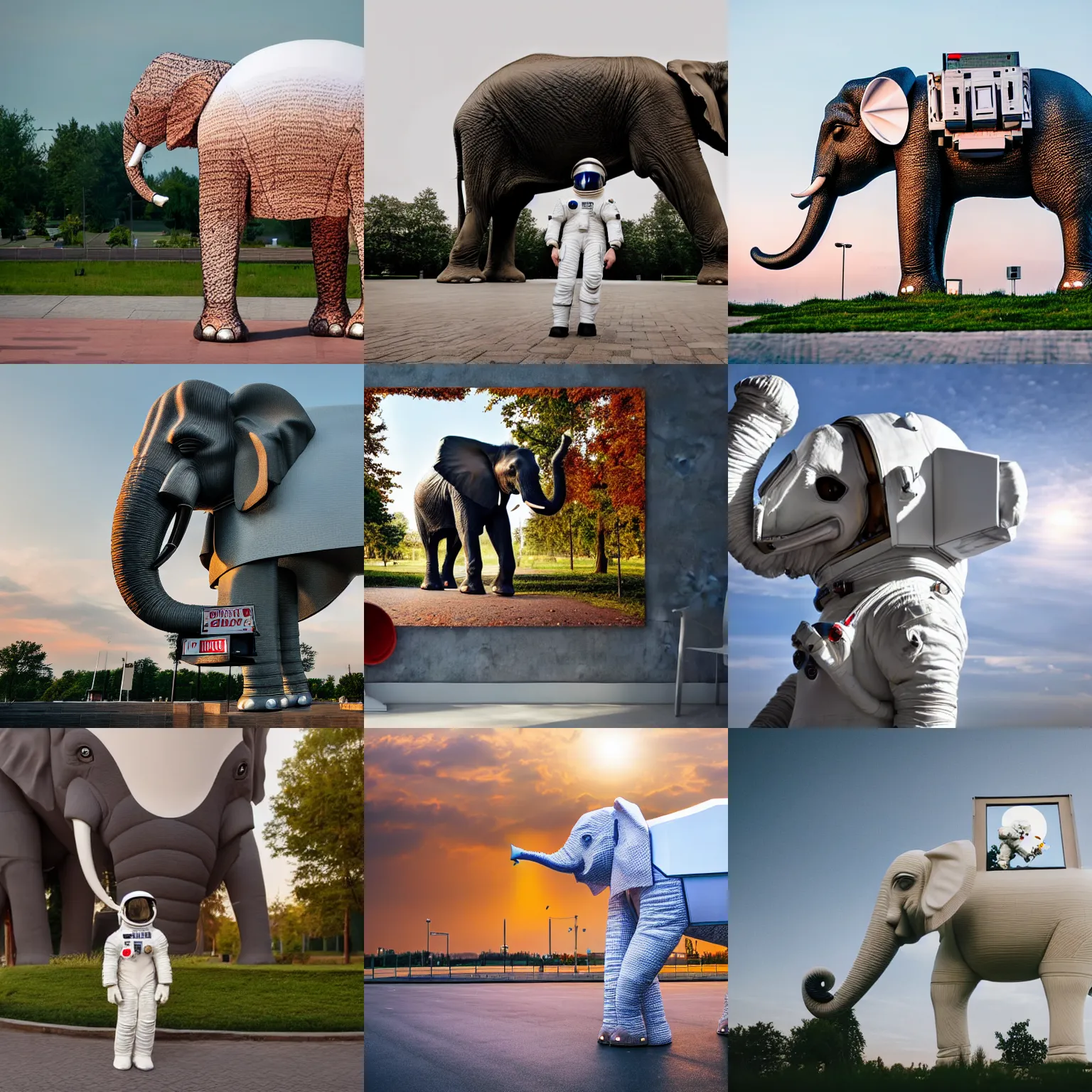 Prompt: giant elephant wearing white custom made american spacesuit with oversized giant helmet as astronaut animal, in legnica, sunrise, overcast bokeh, cctv - c 8