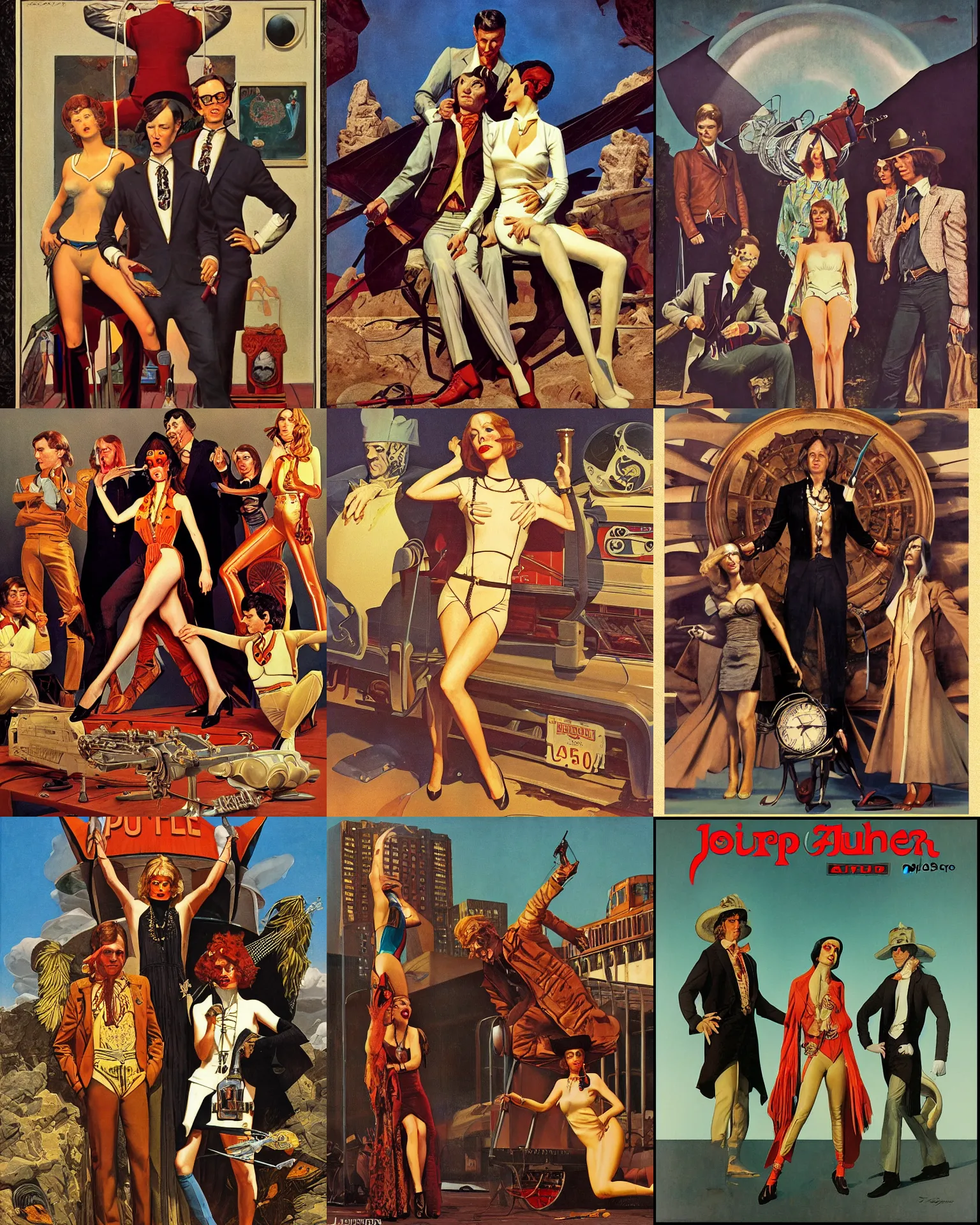 Prompt: pulp art, artwork by Joseph Leyendecker and Robert McGinnis and Alfred Henry Maurer, 3d octane blender render, Hipple and boho 1970s, progressive rock album cover